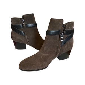 NWOT Coach brown suede ankle booties with darker brown leather straps